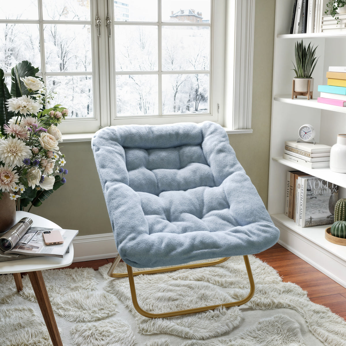 Aqua Fabric/Soft Gold Frame |#| Folding Faux Fur Oversized Saucer Chair with Steel Frame - Dusty Aqua/Soft Gold