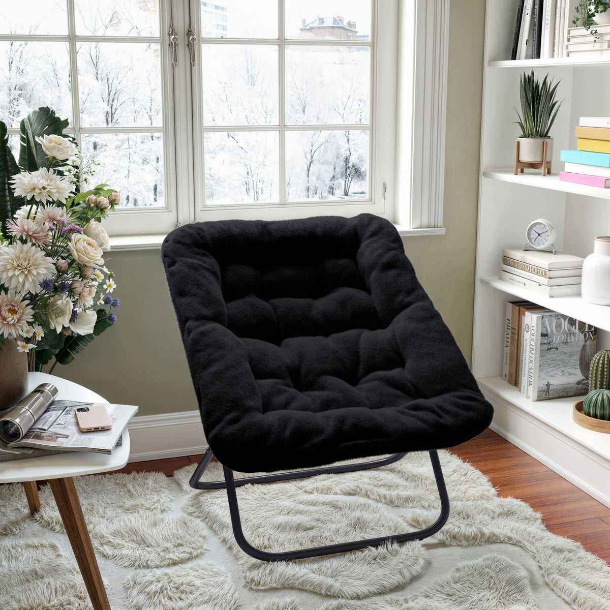 Black Fabric/Black Frame |#| Folding Faux Fur Oversized Saucer Chair with Steel Frame - Black/Black