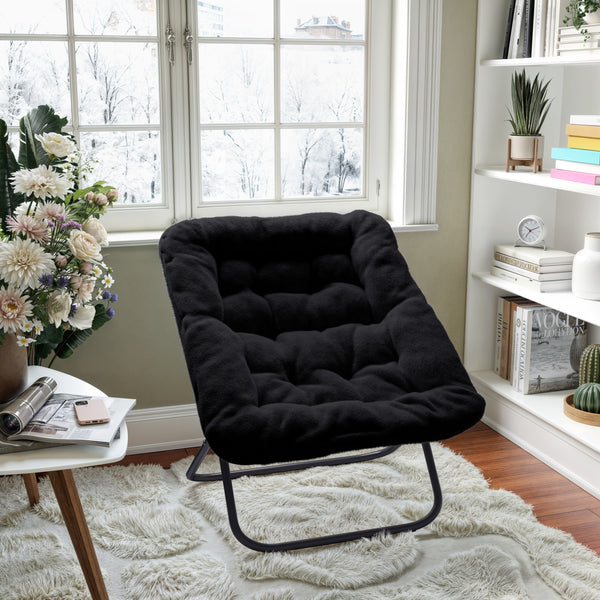 Black Fabric/Black Frame |#| Folding Faux Fur Oversized Saucer Chair with Steel Frame - Black/Black