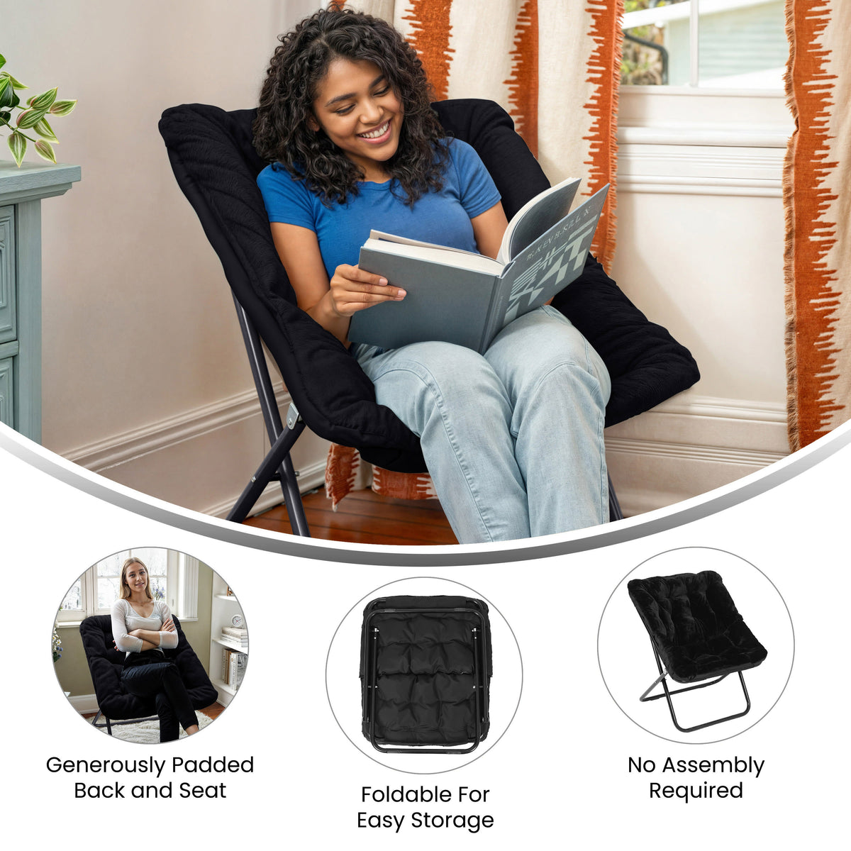Black Fabric/Black Frame |#| Folding Faux Fur Oversized Saucer Chair with Steel Frame - Black/Black