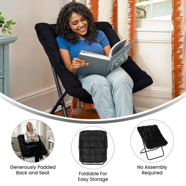 Black Fabric/Black Frame |#| Folding Faux Fur Oversized Saucer Chair with Steel Frame - Black/Black