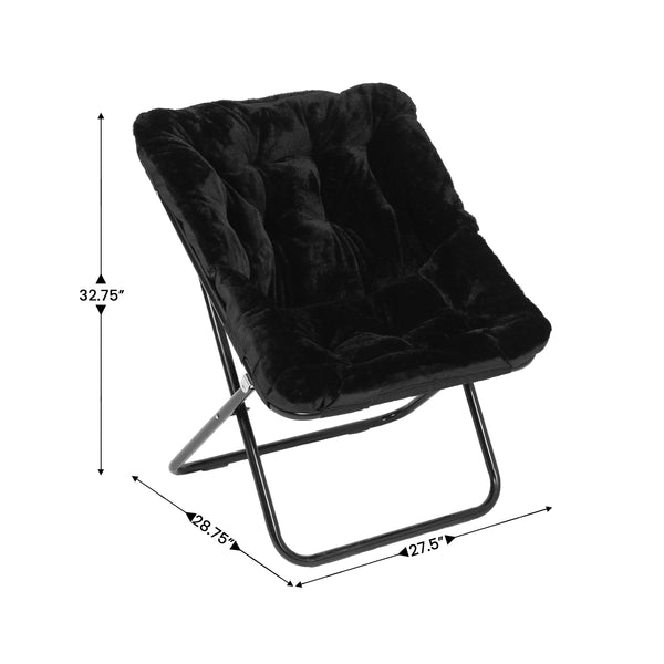 Black Fabric/Black Frame |#| Folding Faux Fur Oversized Saucer Chair with Steel Frame - Black/Black