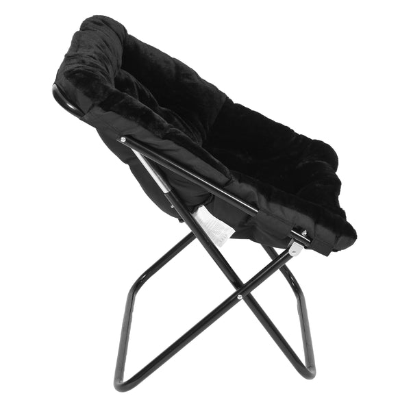 Black Fabric/Black Frame |#| Folding Faux Fur Oversized Saucer Chair with Steel Frame - Black/Black