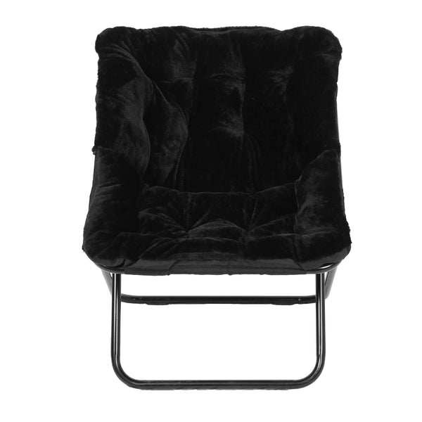 Black Fabric/Black Frame |#| Folding Faux Fur Oversized Saucer Chair with Steel Frame - Black/Black