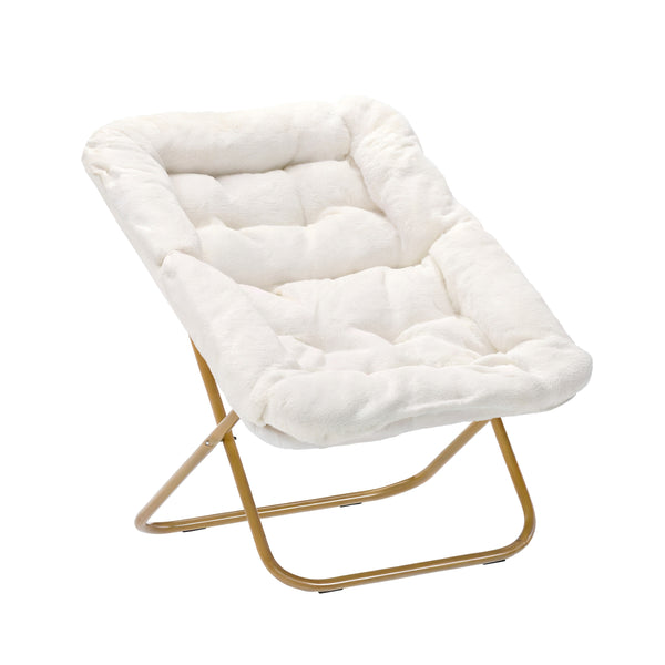 Ivory Faux Shearling Fabric/Soft Gold Frame |#| Folding Faux Shearling Oversized Saucer Chair with Steel Frame - Ivory/Soft Gold