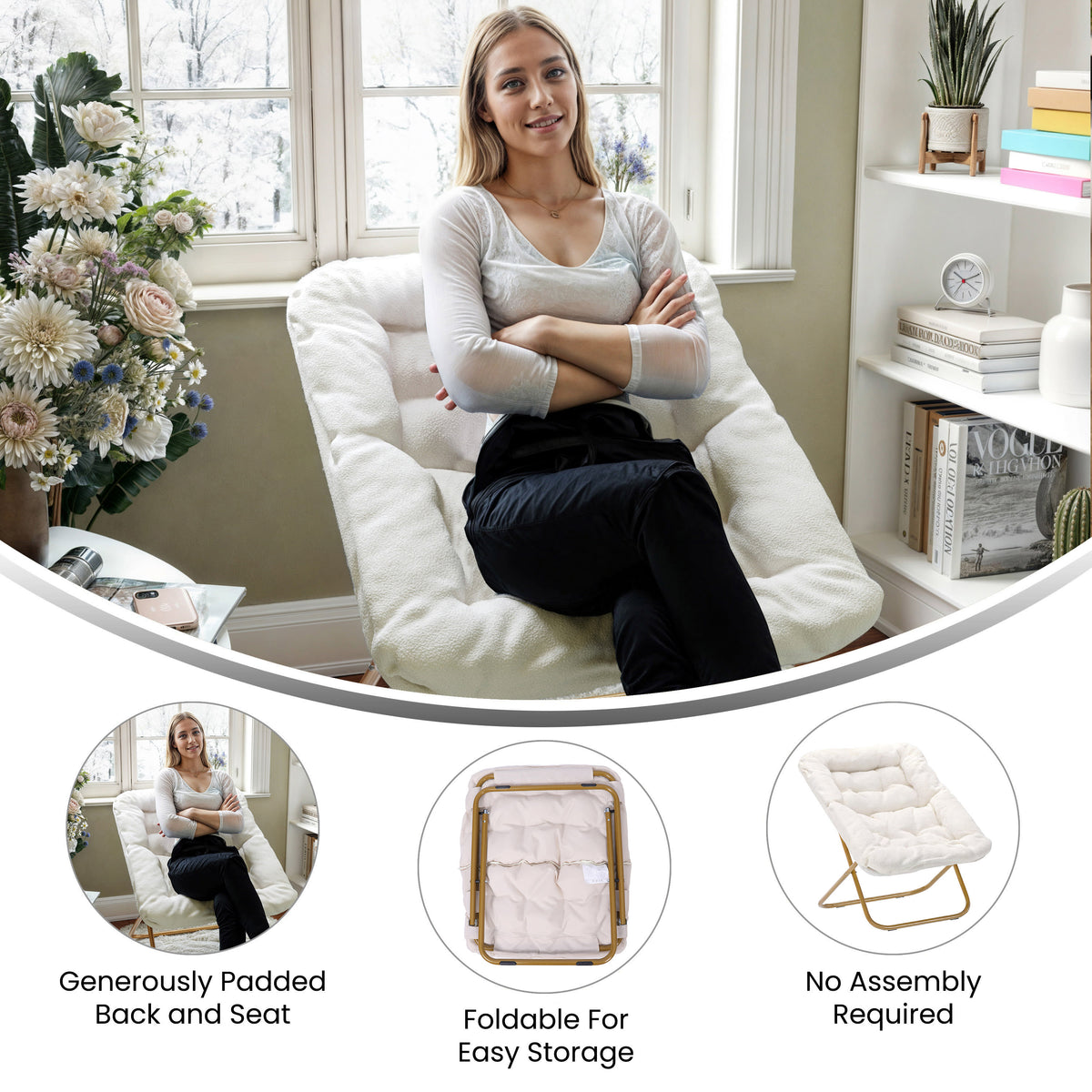 Ivory Faux Shearling Fabric/Soft Gold Frame |#| Folding Faux Shearling Oversized Saucer Chair with Steel Frame - Ivory/Soft Gold