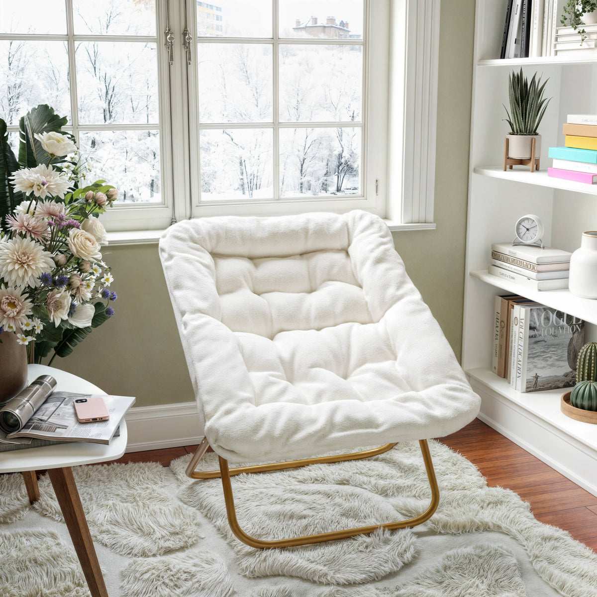 Ivory Faux Shearling Fabric/Soft Gold Frame |#| Folding Faux Shearling Oversized Saucer Chair with Steel Frame - Ivory/Soft Gold