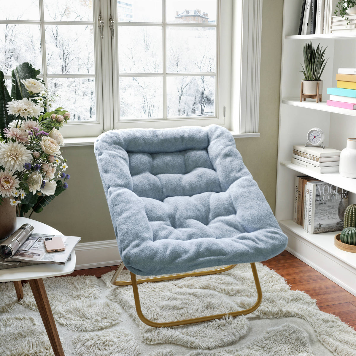 Aqua Fabric/Soft Gold Frame |#| Folding Faux Fur Oversized Saucer Chair with Steel Frame - Dusty Aqua/Soft Gold