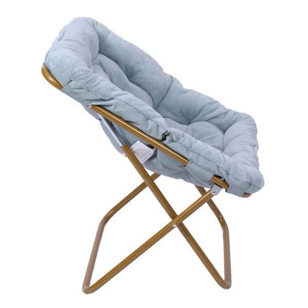 Aqua Fabric/Soft Gold Frame |#| Folding Faux Fur Oversized Saucer Chair with Steel Frame - Dusty Aqua/Soft Gold