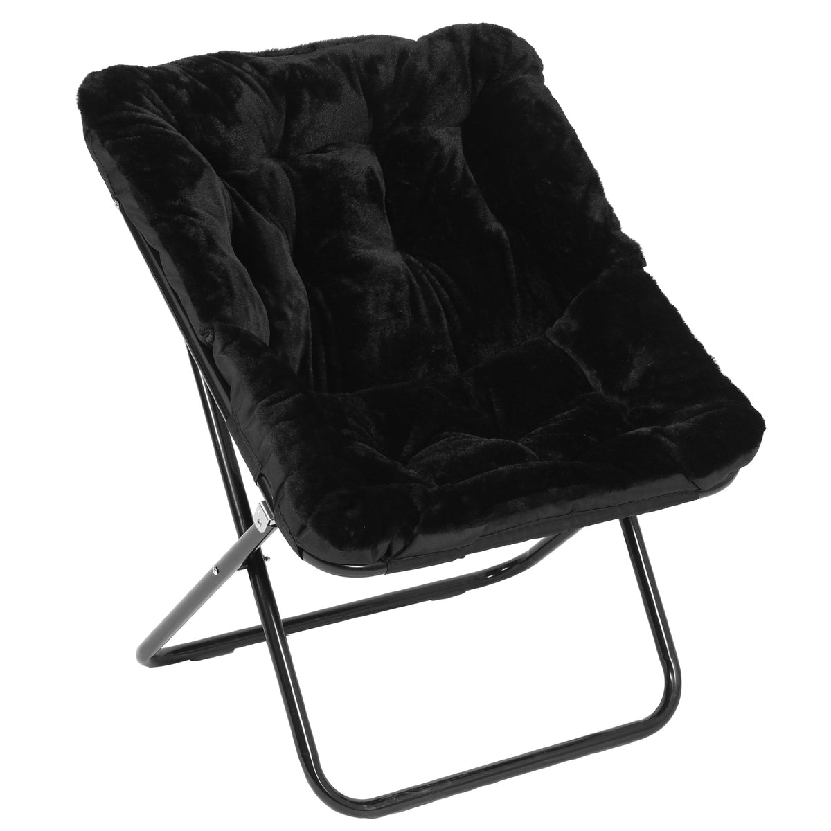 Black Fabric/Black Frame |#| Folding Faux Fur Oversized Saucer Chair with Steel Frame - Black/Black