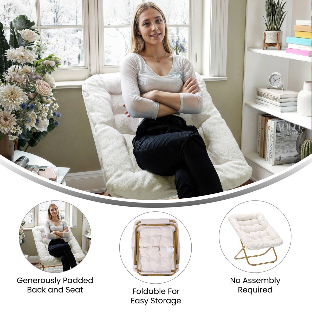 Ivory Faux Shearling Fabric/Soft Gold Frame |#| Folding Faux Shearling Oversized Saucer Chair with Steel Frame - Ivory/Soft Gold