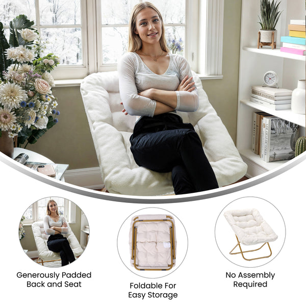 Ivory Faux Shearling Fabric/Soft Gold Frame |#| Folding Faux Shearling Oversized Saucer Chair with Steel Frame - Ivory/Soft Gold