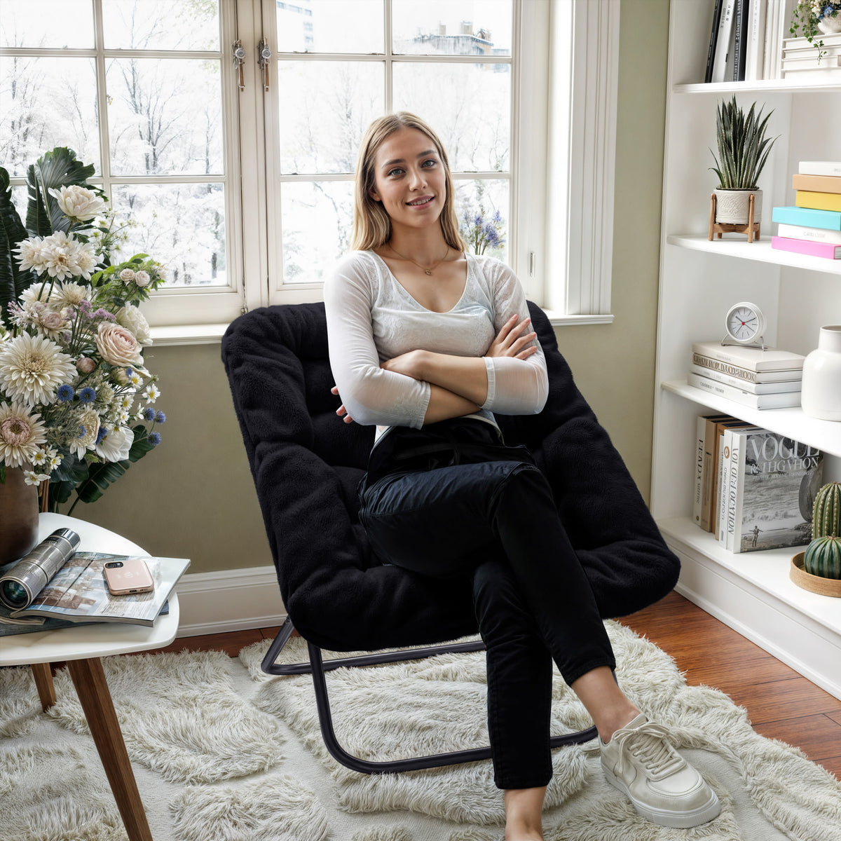 Black Fabric/Black Frame |#| Folding Faux Fur Oversized Saucer Chair with Steel Frame - Black/Black