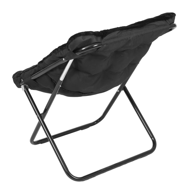 Black Fabric/Black Frame |#| Folding Faux Fur Oversized Saucer Chair with Steel Frame - Black/Black