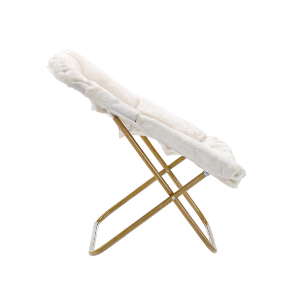 Ivory Faux Shearling Fabric/Soft Gold Frame |#| Folding Faux Shearling Oversized Saucer Chair with Steel Frame - Ivory/Soft Gold