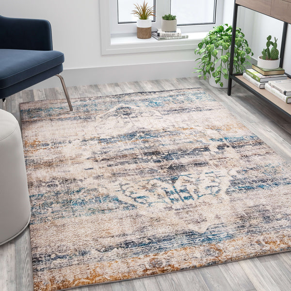 Blue,5' x 7' |#| 5' x 7' Multicolor Distressed Artisan Old English Style Traditional Rug