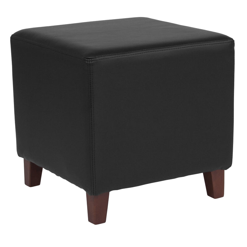 Black LeatherSoft |#| Taut Upholstered Cube Ottoman Pouf in Black LeatherSoft - Home Furniture