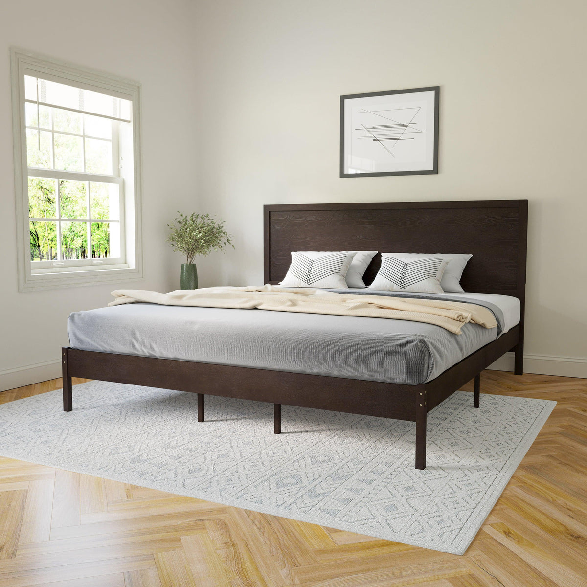 Dark Brown,King |#| Solid Wood Platform Bed with Headboard and Wooden Slats in Dark Brown - King