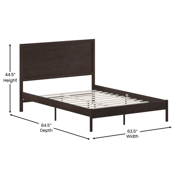 Dark Brown,Queen |#| Solid Wood Platform Bed with Headboard and Wooden Slats in Dark Brown - Queen