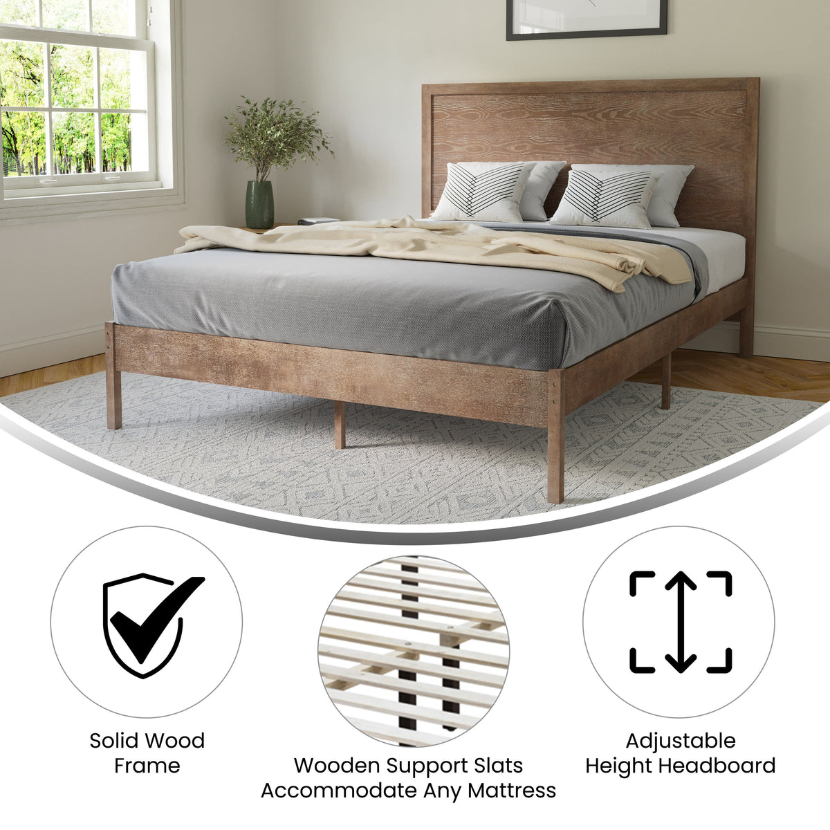 Light Brown,Queen |#| Solid Wood Platform Bed with Headboard and Wooden Slats in Light Brown - Queen