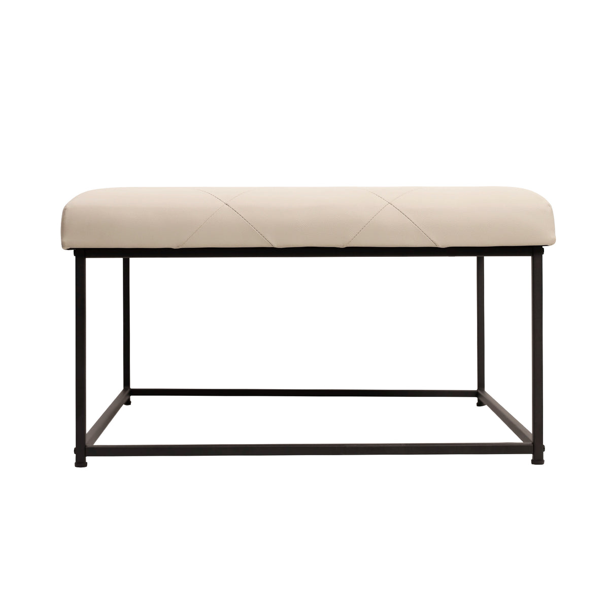 Beige |#| Square LeatherSoft Tufted Ottoman with Black Metal Frame in Beige