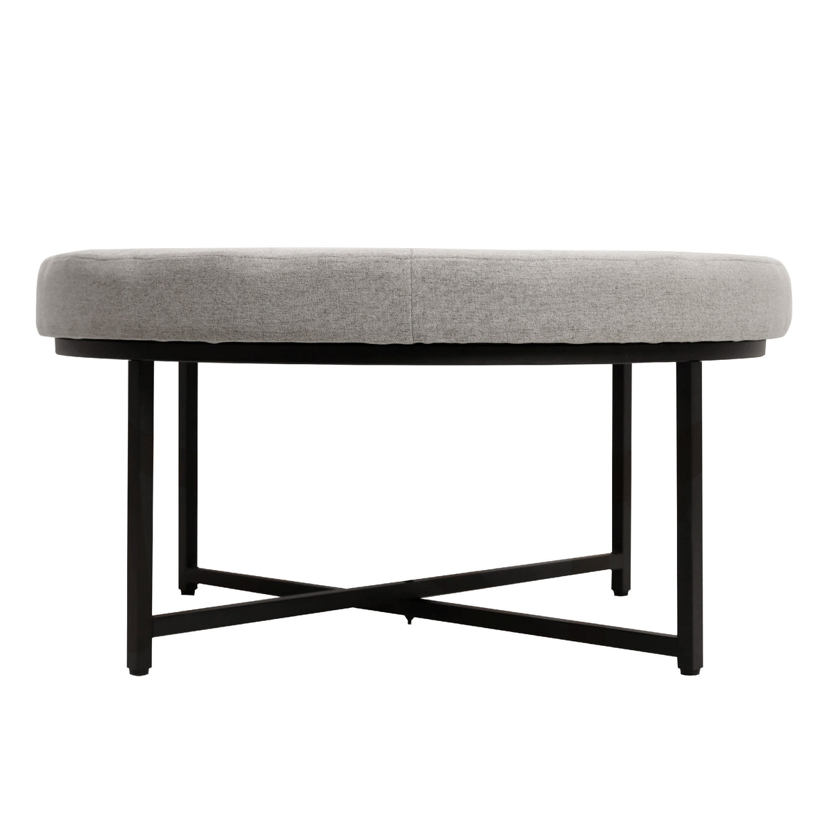Gray |#| Round Cotton Linen Tufted Ottoman with Black Metal Frame in Gray