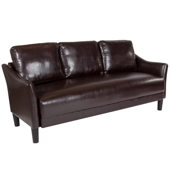 Brown LeatherSoft |#| Upholstered Living Room Sofa with Single Cushion Seat in Brown LeatherSoft