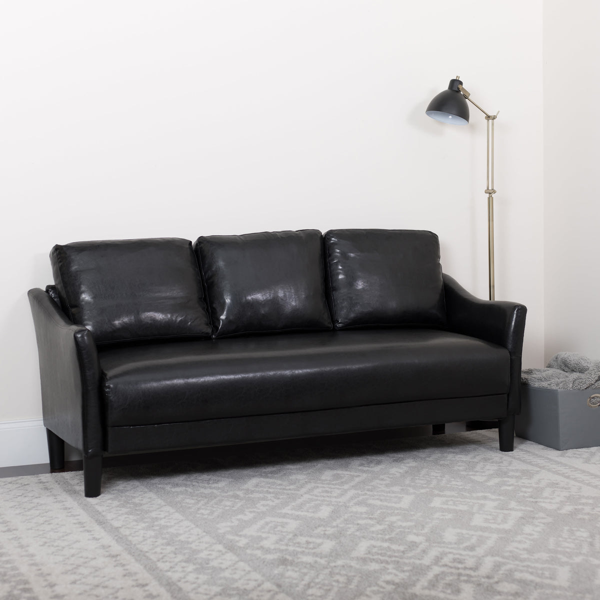 Black LeatherSoft |#| Upholstered Living Room Sofa with Single Cushion Seat in Black LeatherSoft