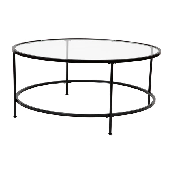 Clear Top/Matte Black Frame |#| Clear Glass Table Set with Matte Black Metal Frame-Coffee Table-2 End Tables