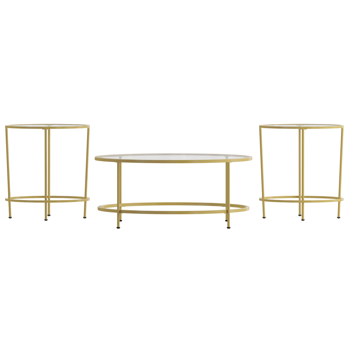 Clear Top/Brushed Gold Frame |#| Clear Glass Table Set with Brushed Gold Metal Frame-Coffee Table-2 End Tables
