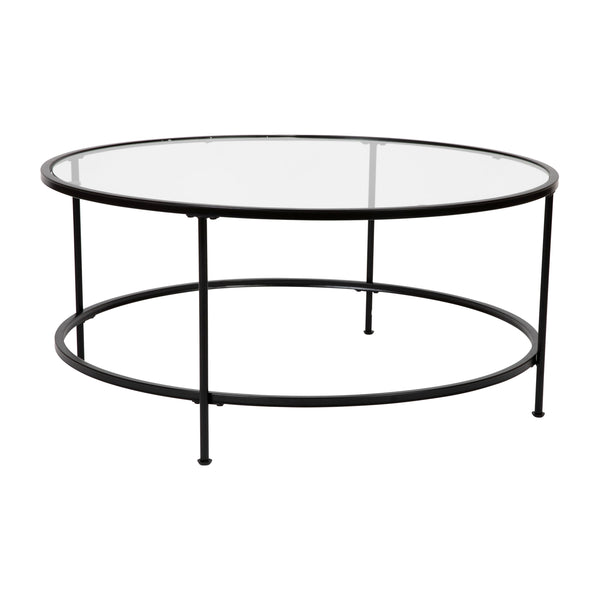 Clear Top/Matte Black Frame |#| Clear Glass Living Room Coffee Table with Round Matte Black Metal Frame