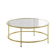 Clear Top/Brushed Gold Frame |#| Clear Glass Living Room Coffee Table with Round Brushed Gold Metal Frame