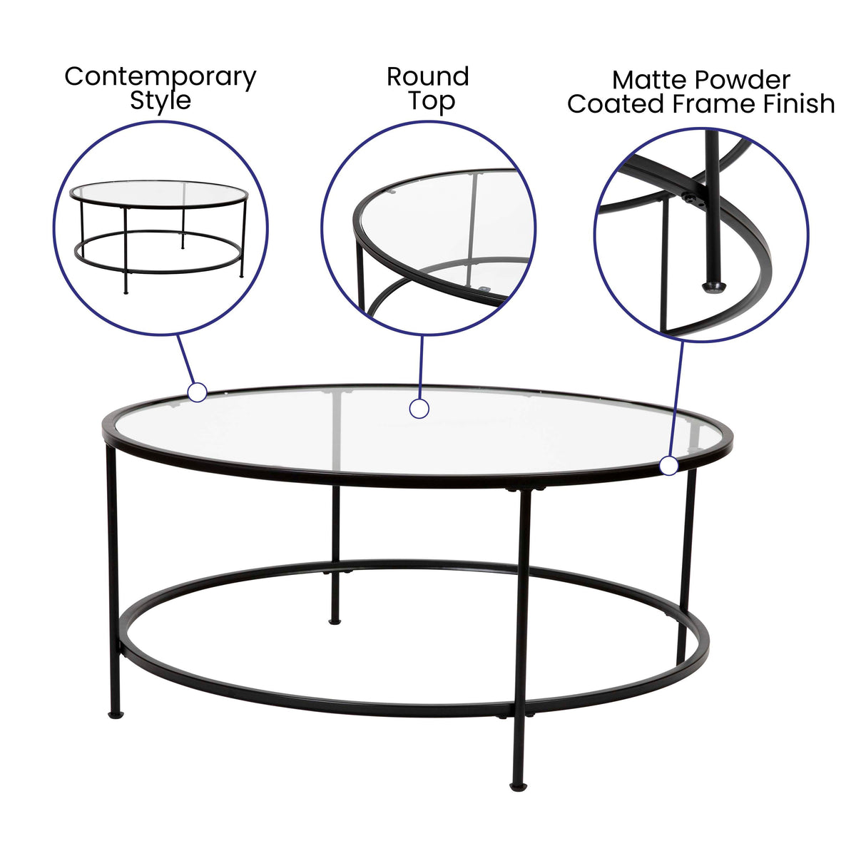 Clear Top/Matte Black Frame |#| Clear Glass Living Room Coffee Table with Round Matte Black Metal Frame