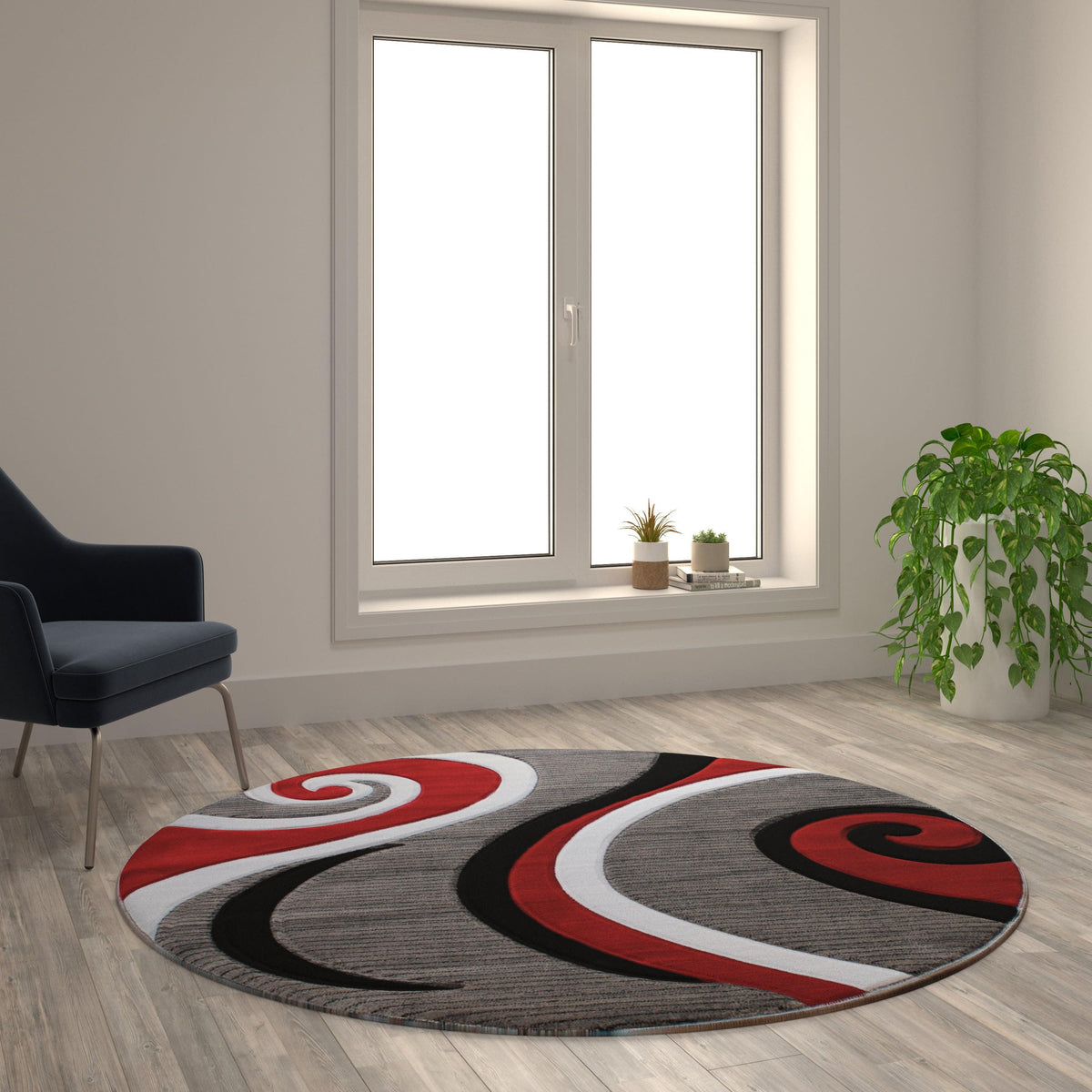 Red,5' Round |#| Modern High-Low Sculpted Swirl Design Abstract Area Rug - Red - 5' x 5'