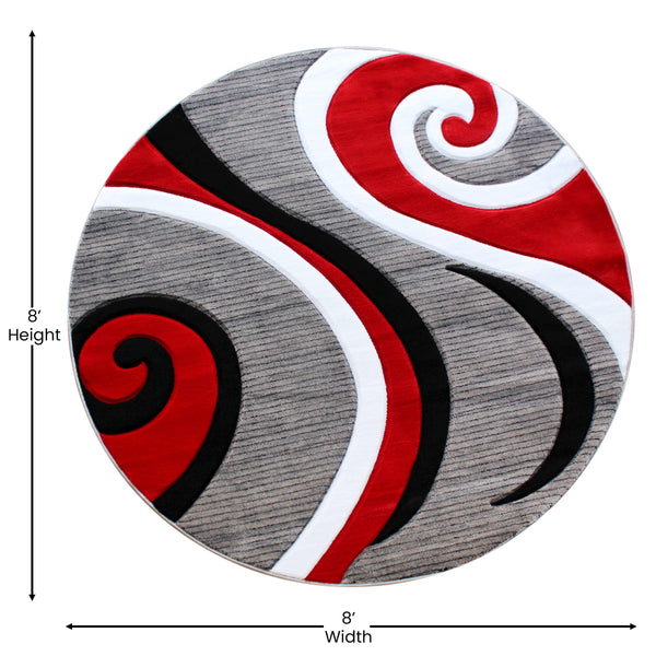 Red,8' Round |#| Modern High-Low Sculpted Swirl Design Abstract Area Rug - Red - 8' x 8'