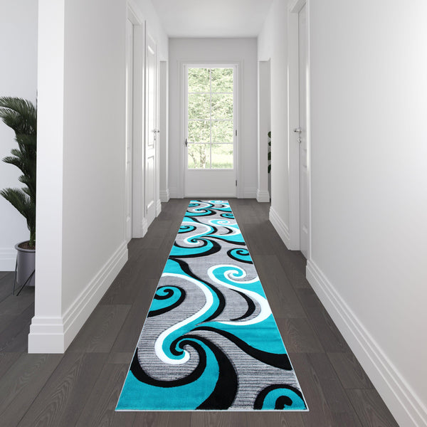 Turquoise,3' x 16' |#| Modern High-Low Sculpted Swirl Design Abstract Area Rug - Turquoise - 3' x 16'