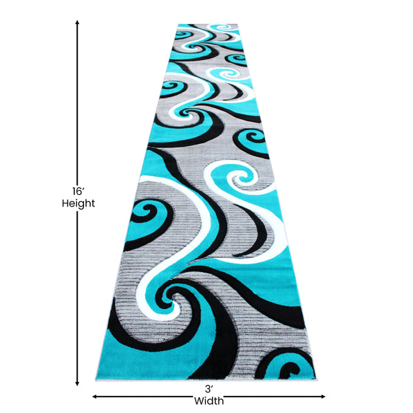 Turquoise,3' x 16' |#| Modern High-Low Sculpted Swirl Design Abstract Area Rug - Turquoise - 3' x 16'