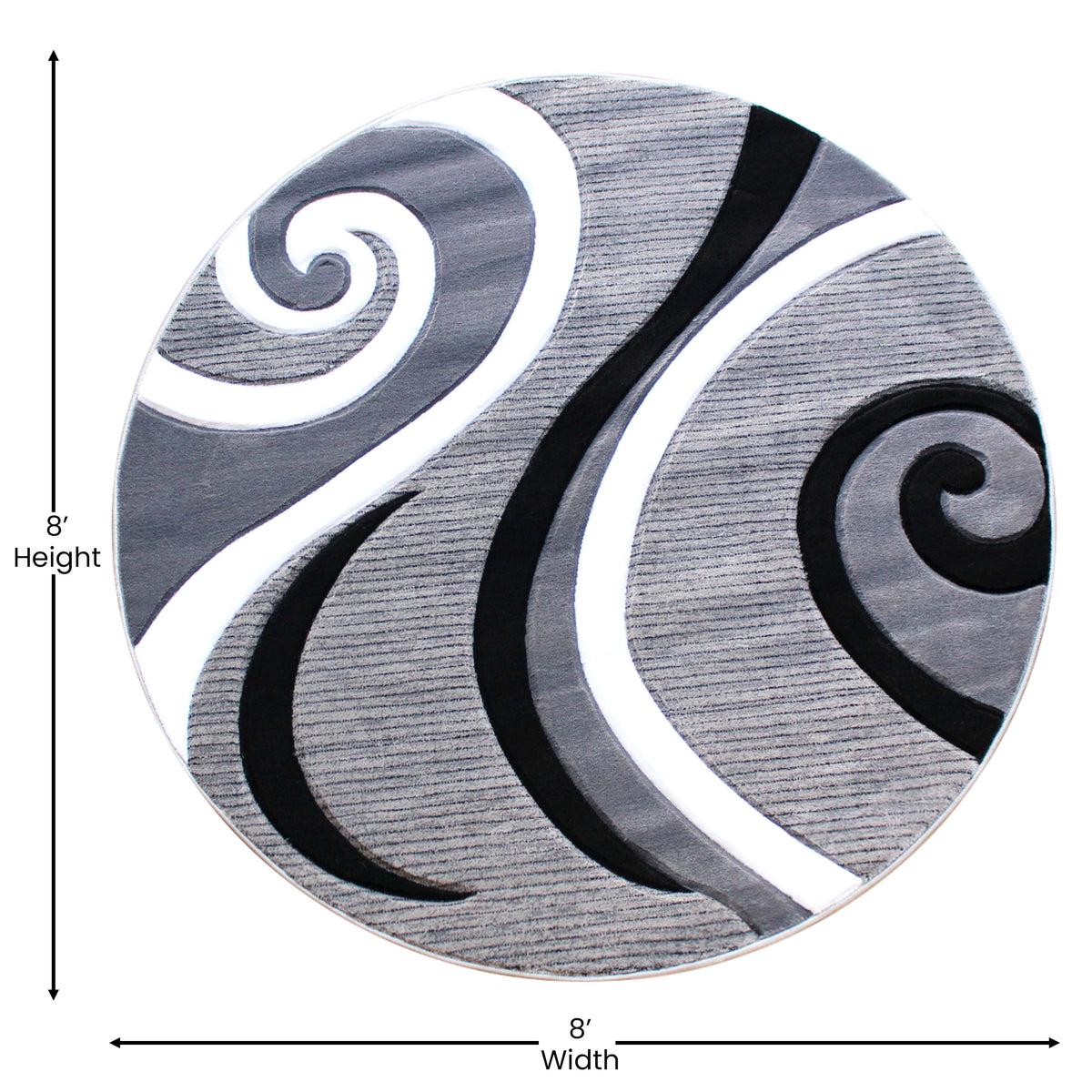 Grey,8' Round |#| Modern High-Low Sculpted Swirl Design Abstract Area Rug - Gray - 8' x 8'