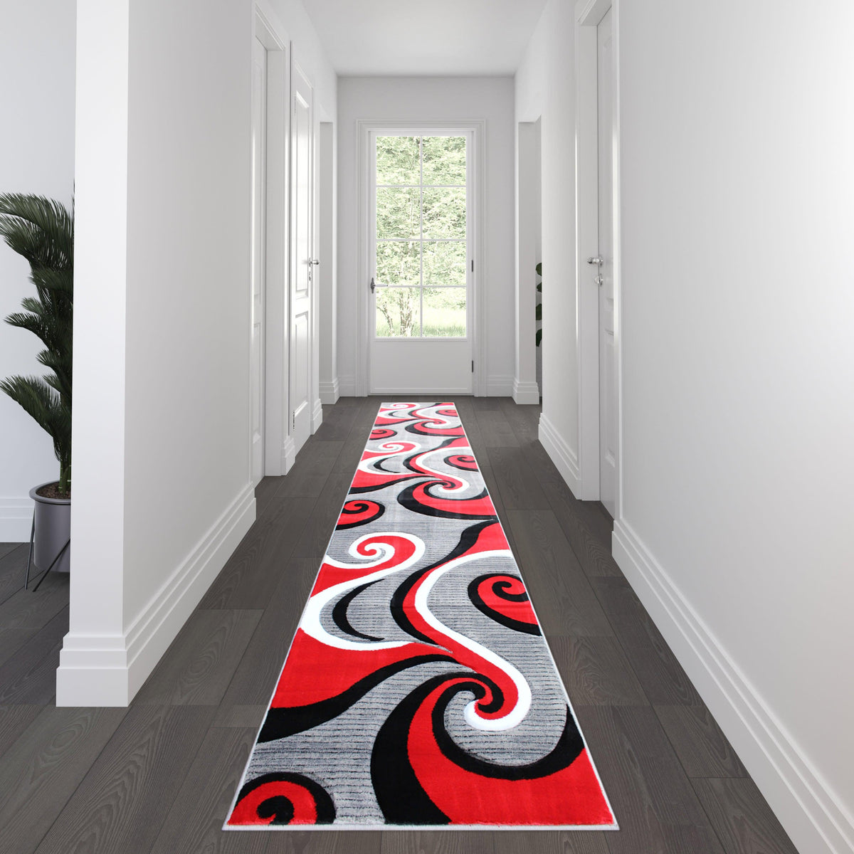 Red,3' x 16' |#| Modern High-Low Sculpted Swirl Design Abstract Area Rug - Red - 3' x 16'