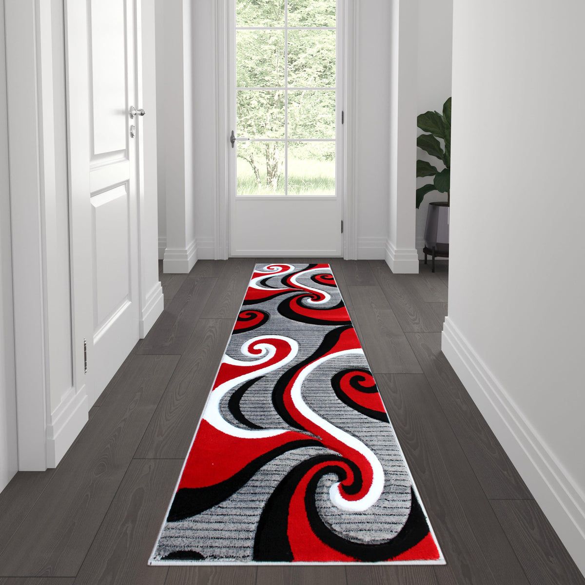 Red,2' x 7' |#| Modern High-Low Sculpted Swirl Design Abstract Area Rug - Red - 2' x 7'