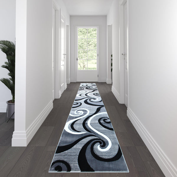 Grey,3' x 16' |#| Modern High-Low Sculpted Swirl Design Abstract Area Rug - Gray - 3' x 16'