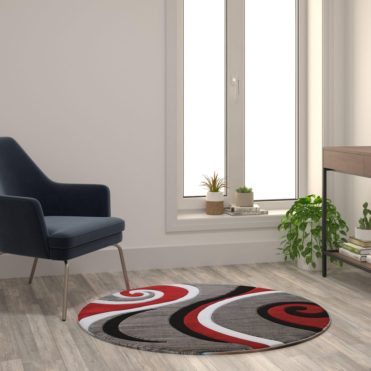 Red,4' Round |#| Modern High-Low Sculpted Swirl Design Abstract Area Rug - Red - 4' x 4'