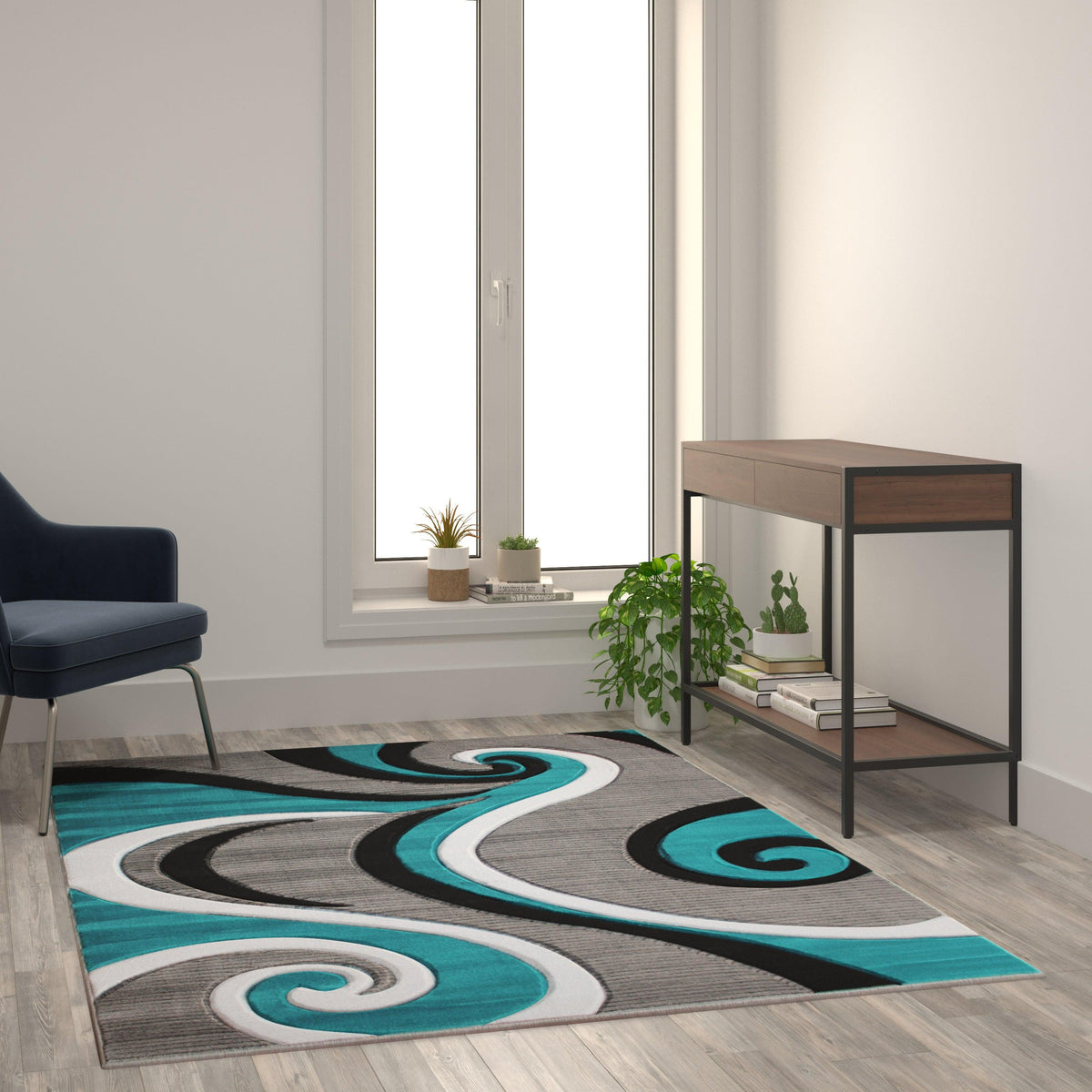 Turquoise,5' x 7' |#| Modern High-Low Sculpted Swirl Design Abstract Area Rug - Turquoise - 5' x 7'