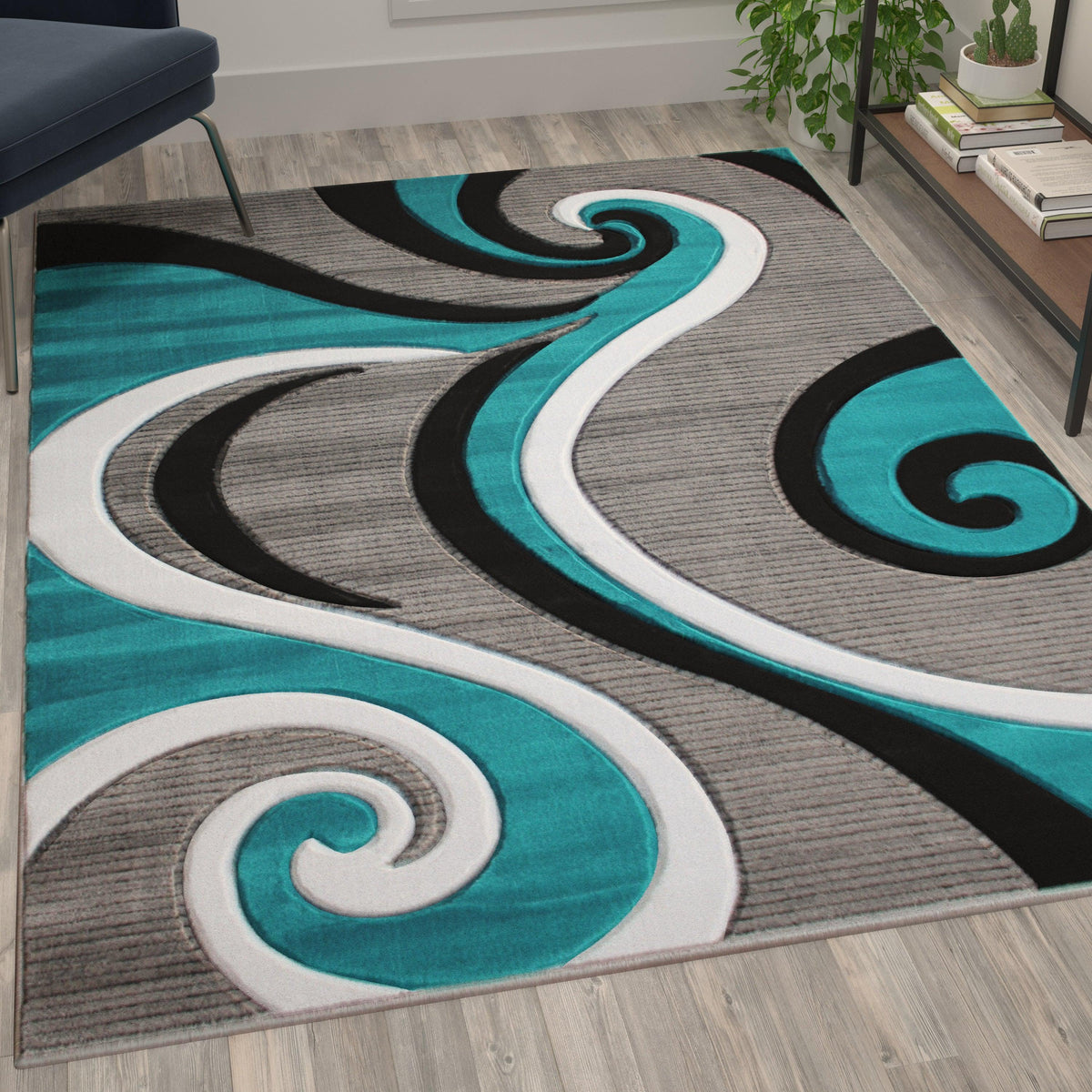 Turquoise,5' x 7' |#| Modern High-Low Sculpted Swirl Design Abstract Area Rug - Turquoise - 5' x 7'