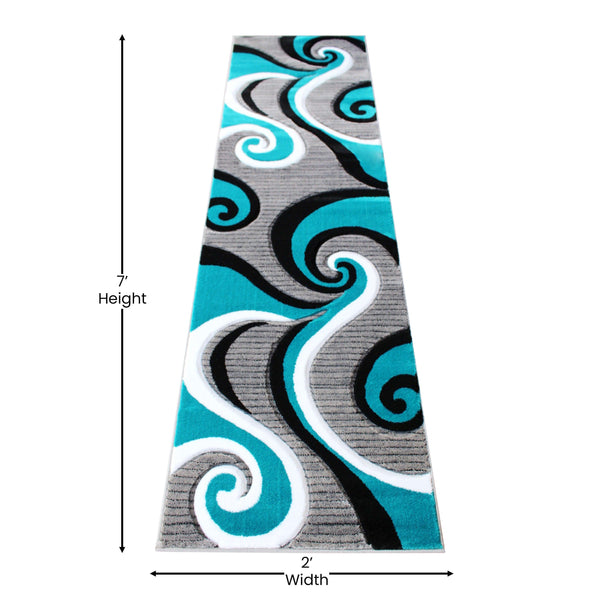 Turquoise,2' x 7' |#| Modern High-Low Sculpted Swirl Design Abstract Area Rug - Turquoise - 2' x 7'