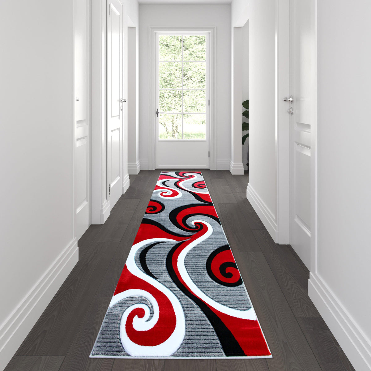 Red,3' x 10' |#| Modern High-Low Sculpted Swirl Design Abstract Area Rug - Red - 3' x 10'