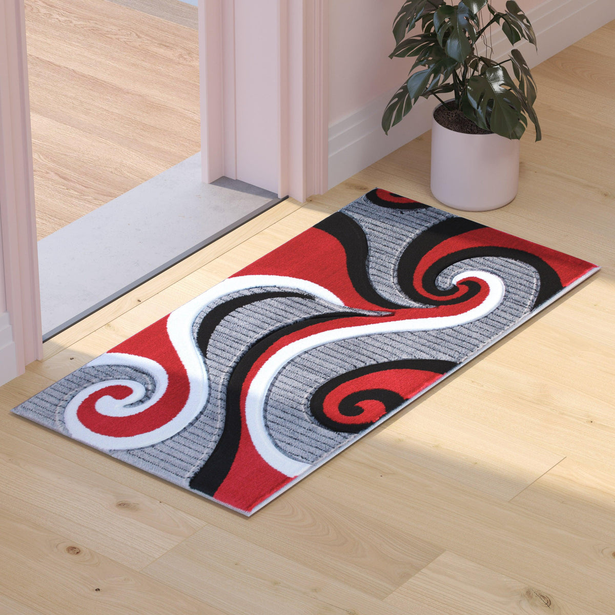 Red,2' x 3' |#| Modern High-Low Sculpted Swirl Design Abstract Area Rug - Red - 2' x 3'