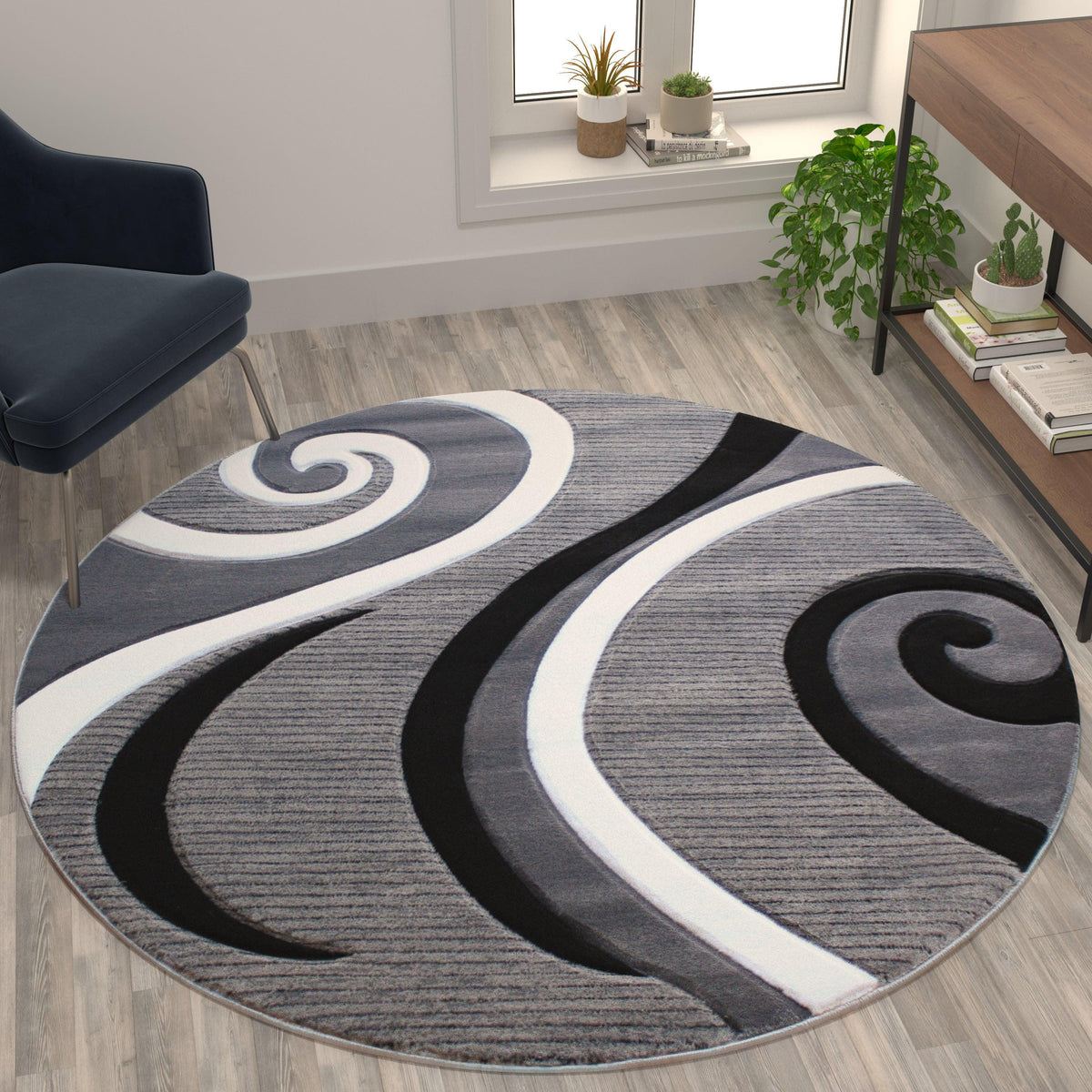 Grey,5' Round |#| Modern High-Low Sculpted Swirl Design Abstract Area Rug - Gray - 5' x 5'