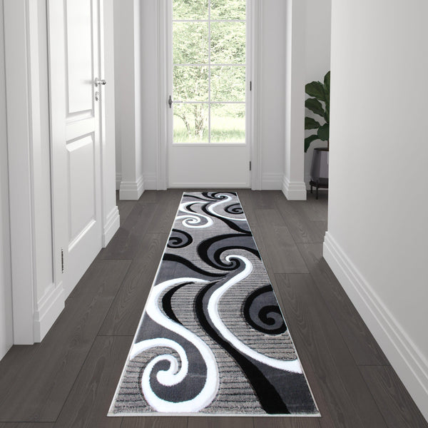 Grey,2' x 7' |#| Modern High-Low Sculpted Swirl Design Abstract Area Rug - Gray - 2' x 7'