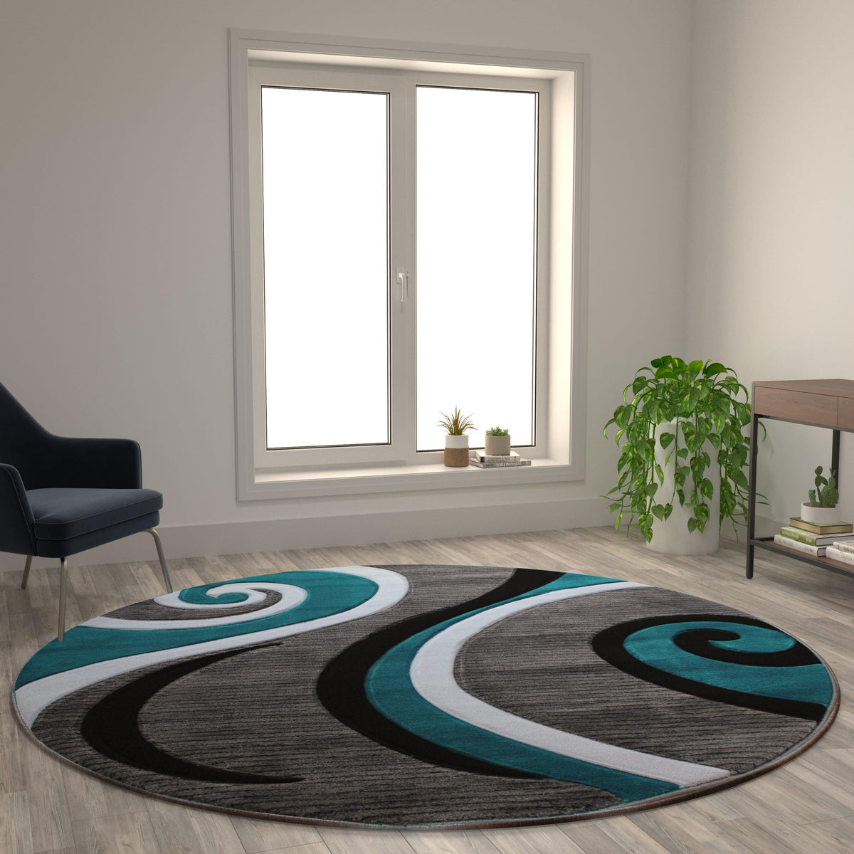 Turquoise,8' Round |#| Modern High-Low Sculpted Swirl Design Abstract Area Rug - Turquoise - 8' x 8'